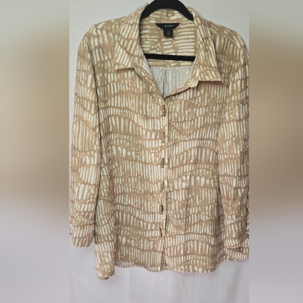 Ali Miles Beige Patterned Wooden Button Front Neutral Lightweight Tunic 2x
